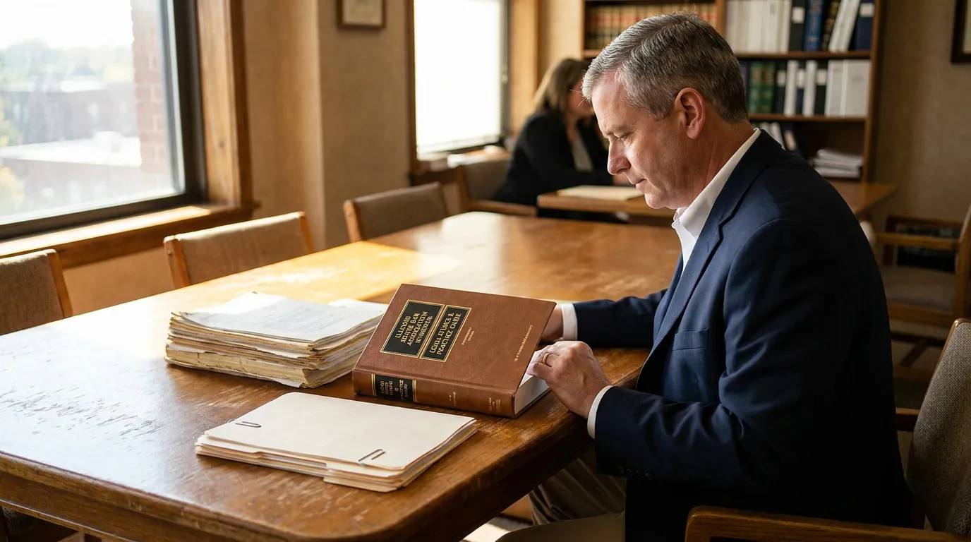 attorney reviewing legal practice guide volume at law library table with case documents