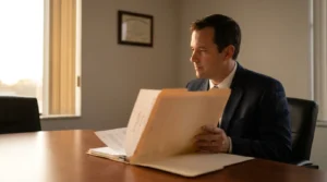 suited attorney reviewing open case folder at conference room table