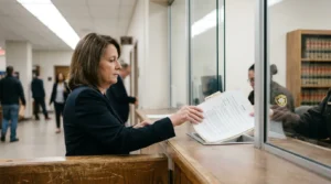 attorney reviewing legal documents at courthouse clerk window with law books visible
