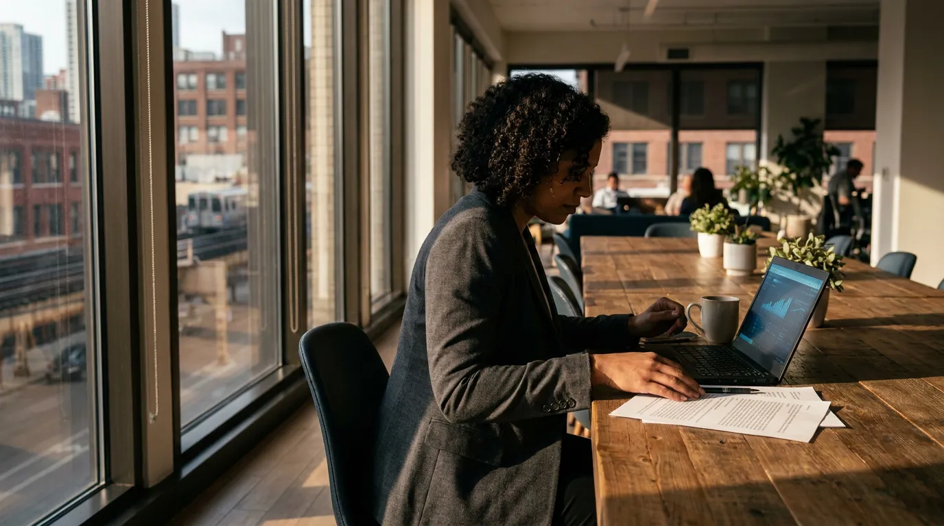 professional woman reviewing documents and laptop with data charts in modern office