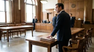 suited attorney standing at courtroom table with stacked legal documents