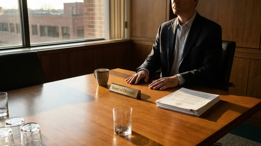 suited professional seated at boardroom table with Board of Directors nameplate and documents