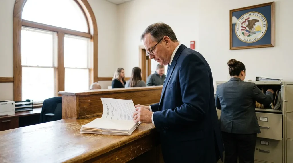 attorney reviewing legal documents at courthouse counter beneath Illinois County seal