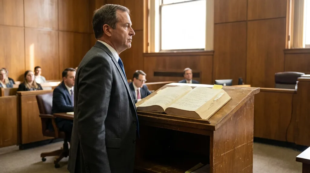 attorney standing at courtroom podium with open legal document during trial