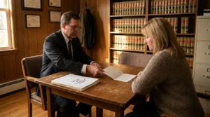attorney pointing to legal document labeled County Property Record during client meeting