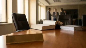 open legal book and stacked documents on conference table with attorneys consulting in background