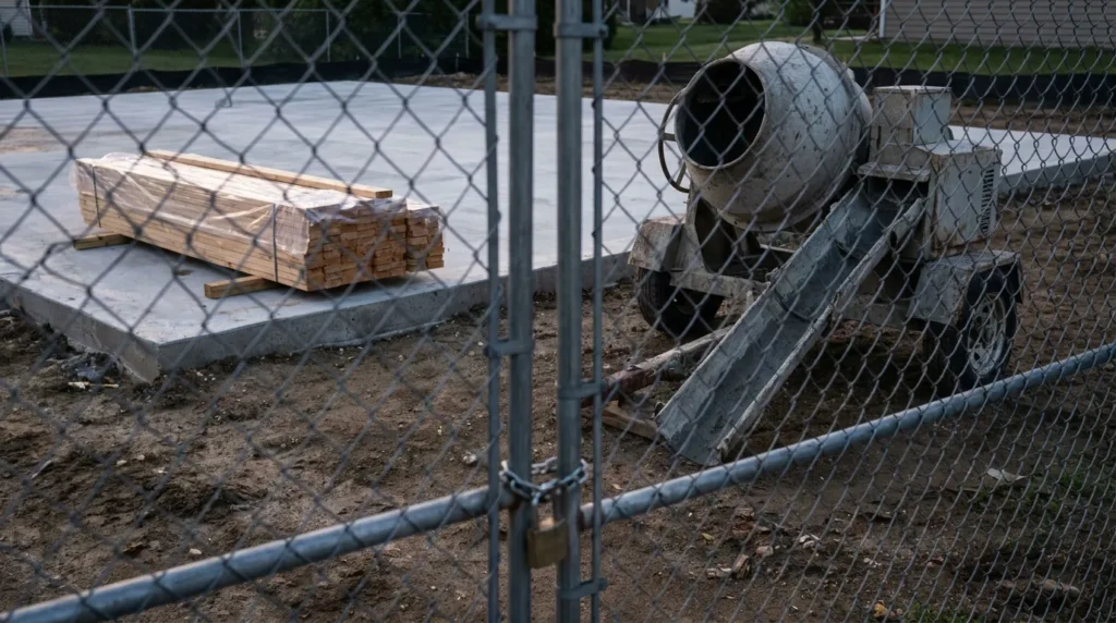 locked chain-link fence enclosing cement mixer and stacked lumber on concrete slab