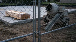 locked chain-link fence enclosing cement mixer and stacked lumber on concrete slab