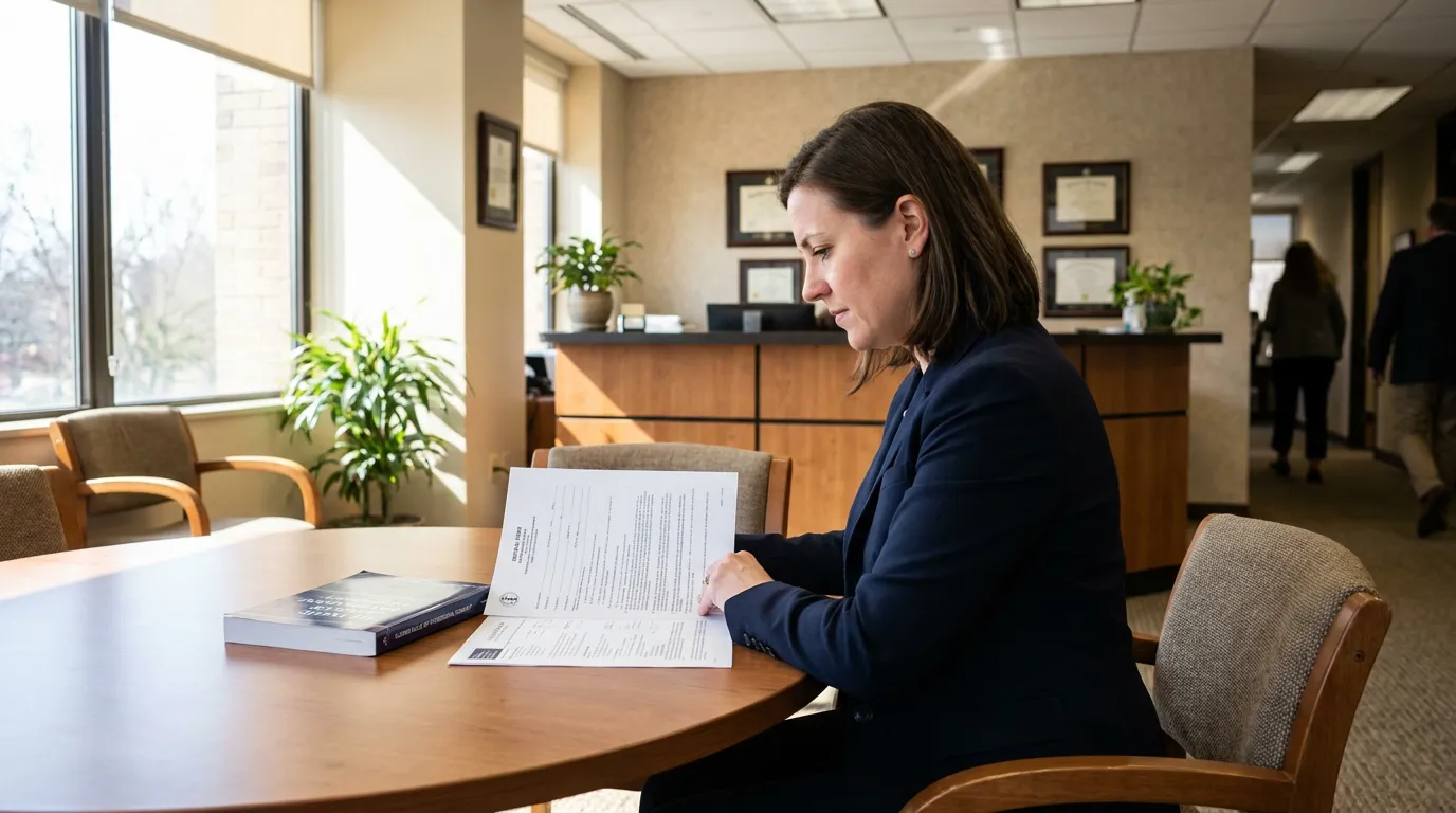 female attorney reviewing legal documents at law firm reception table