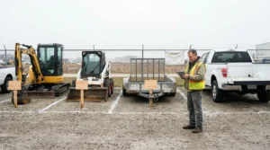 worker in safety vest reviewing tablet beside excavator, skid steer, and utility trailer