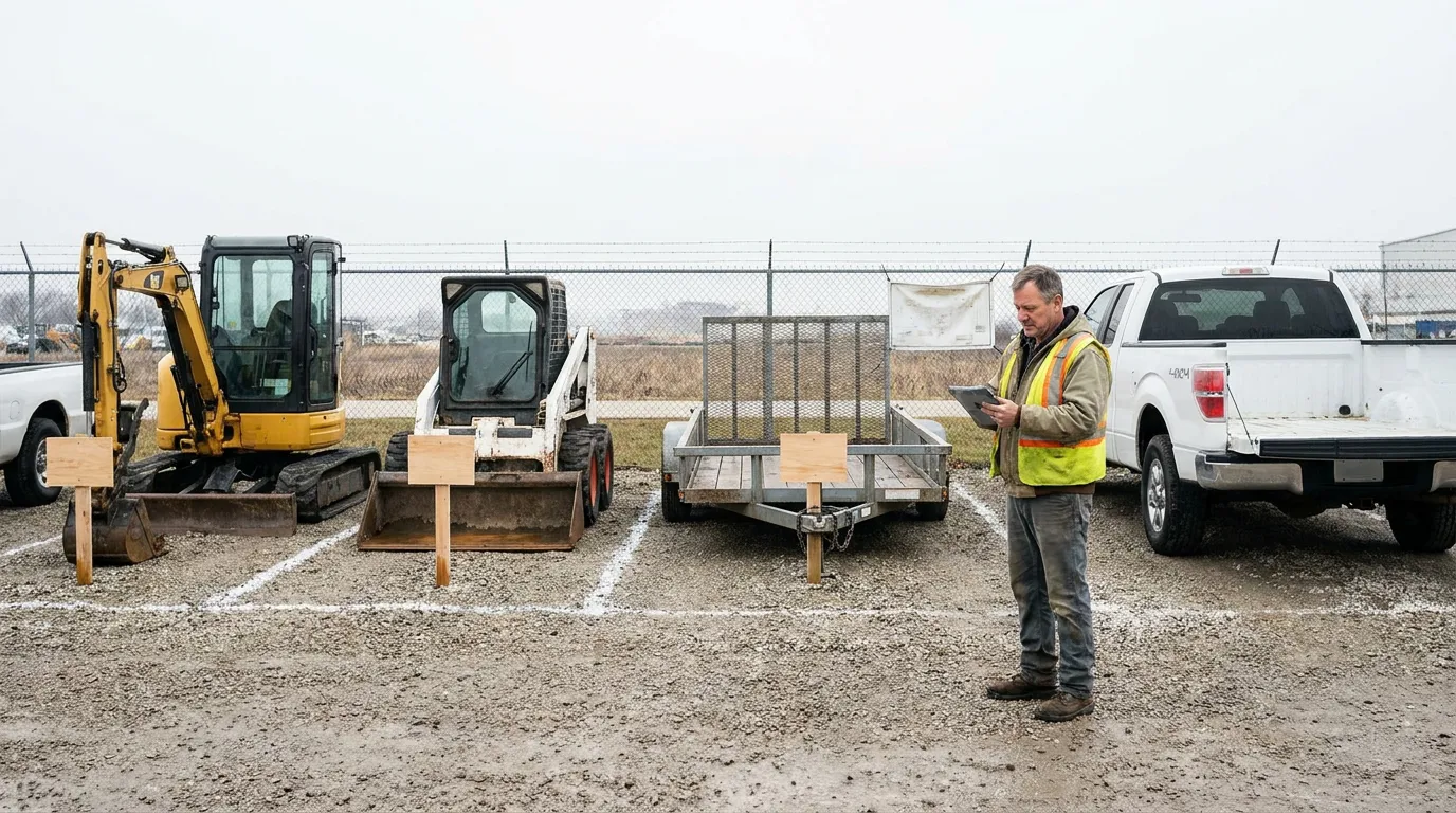 worker in safety vest reviewing tablet beside excavator, skid steer, and utility trailer