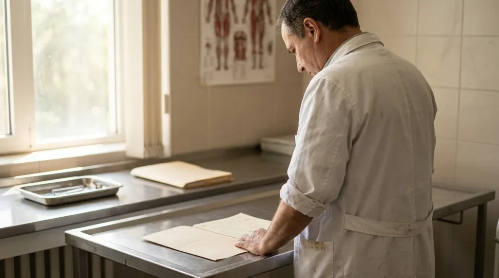 medical professional in lab coat reviewing documents on steel examination table