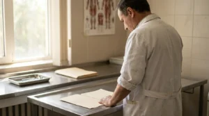 medical professional in lab coat reviewing documents on steel examination table