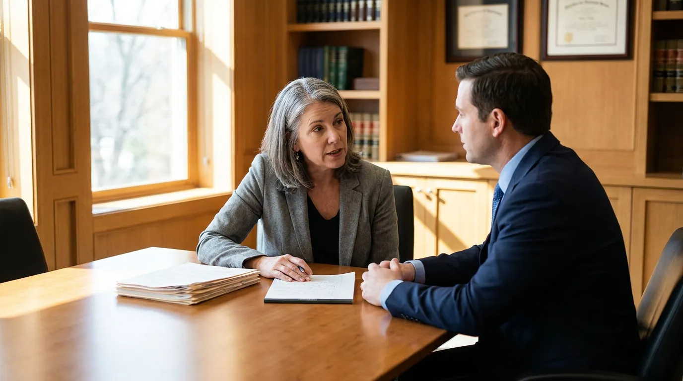 two attorneys discussing case documents at wooden conference table in law office