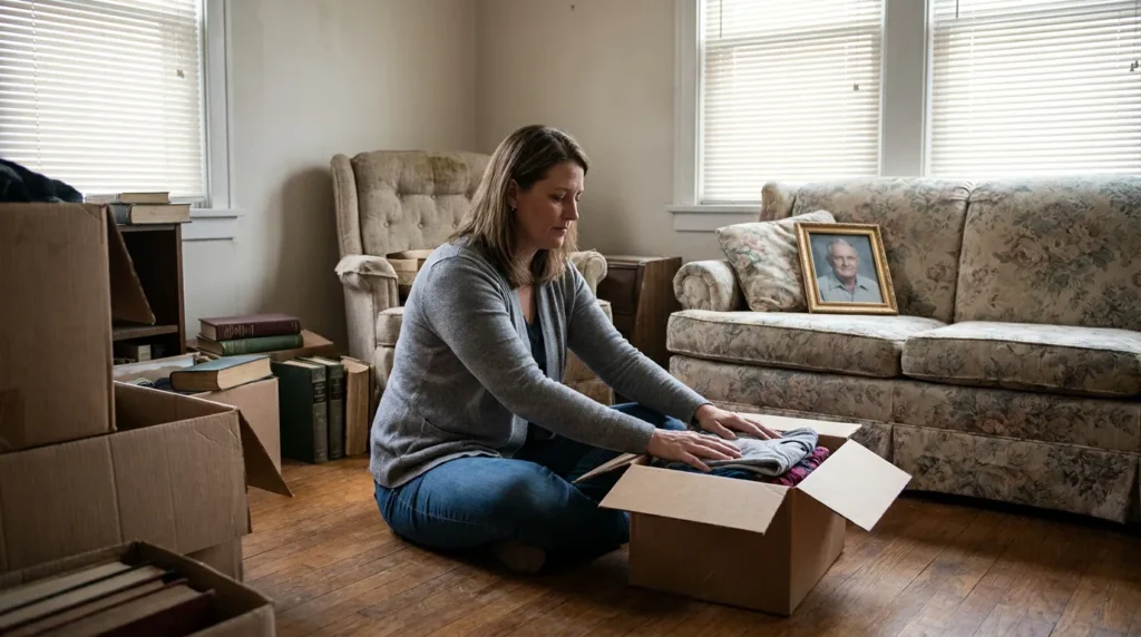 woman packing cardboard box surrounded by belongings with framed portrait on sofa