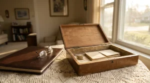 open antique wooden box with aged documents, pocket watch, leather journal, and eyeglasses