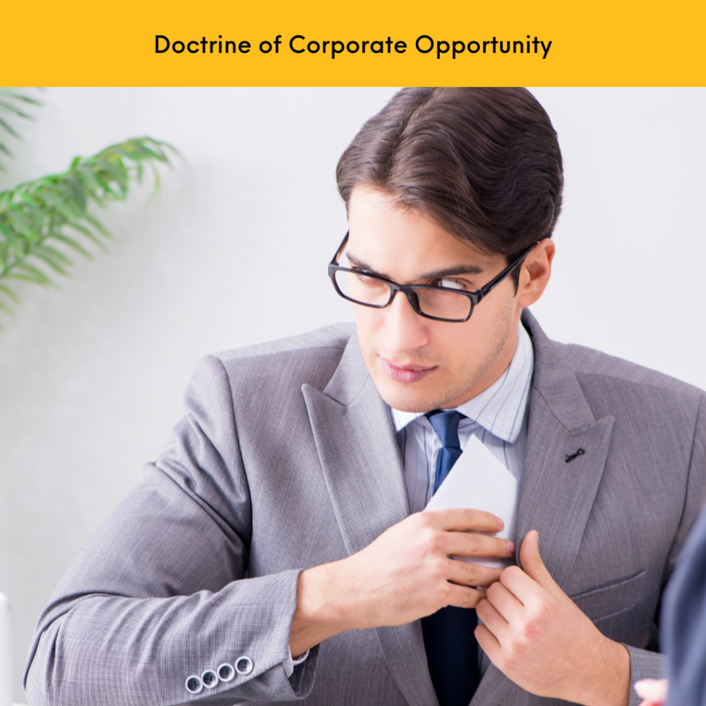 Businessman in suit secretly pocketing document, illustrating Doctrine of Corporate Opportunity heading