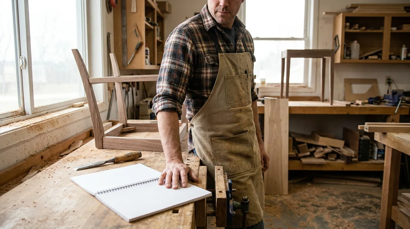 woodworker in apron standing at workbench beside chisel and sketchbook