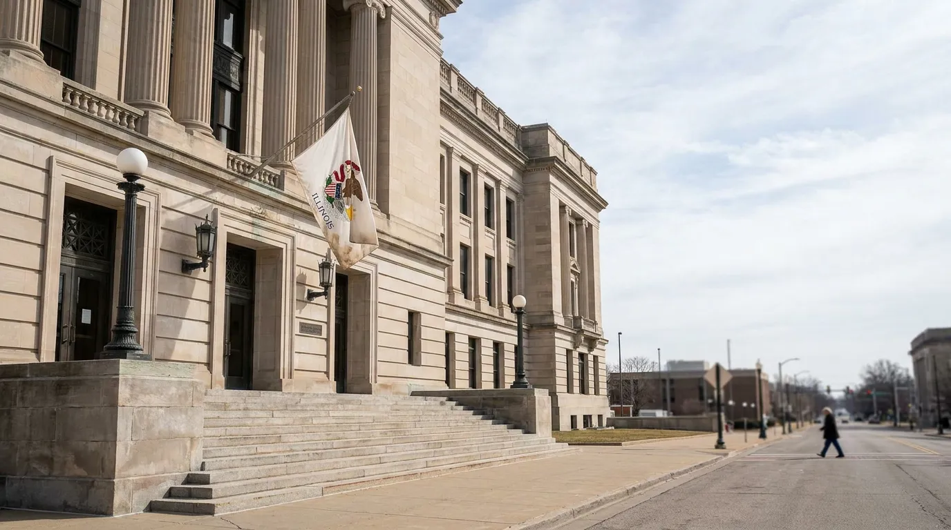 Illinois state flag hangs outside stone courthouse building with columned facade