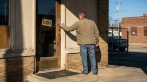 man standing at storefront door with hanging Closed sign visible