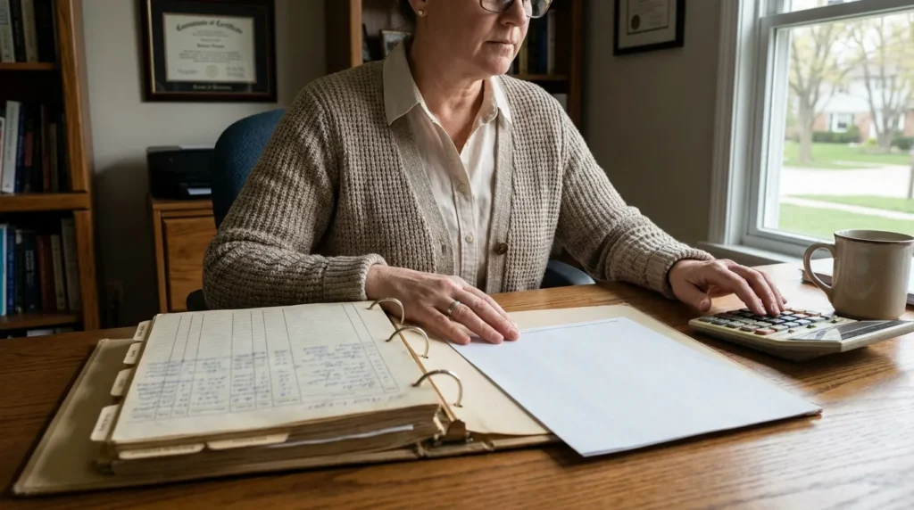 Woman reviewing ledger binder while using calculator at wooden office desk