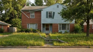 Neglected brick house with overgrown lawn, fallen branch, and damaged roof gutter