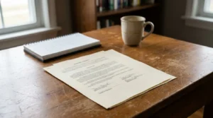 signed contract with signature lines on wooden desk beside coffee mug